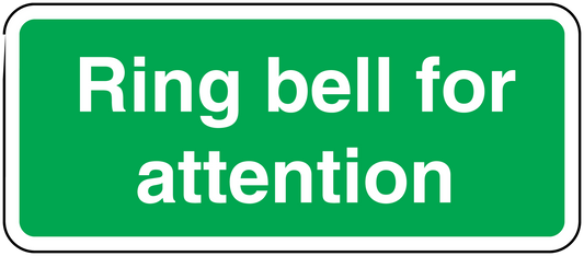 Green ring bell for attention sticker with white rounded border and bold text