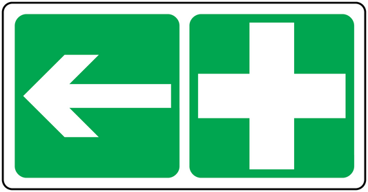 Arrow and cross straight sticker, green with white symbols, rectangular with rounded corners