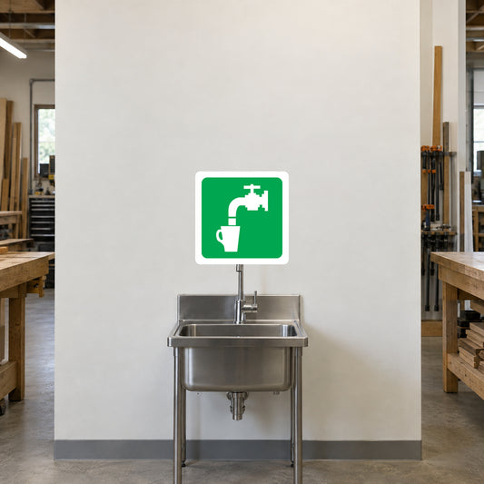 Drinking water sticker, green square with white faucet and water jug icon