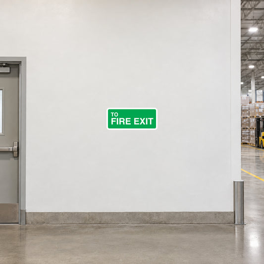 Fire exit sticker with green sign reading 'To FIRE EXIT'.