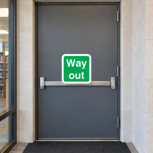 Green and white “Way out” sticker with rounded square border