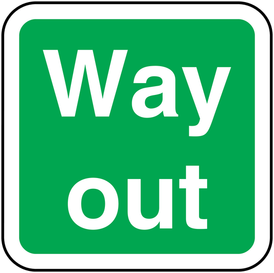 Green square sticker with white border and large 'Way Out' text
