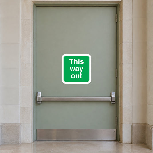 This Way Out sticker with green square and white text
