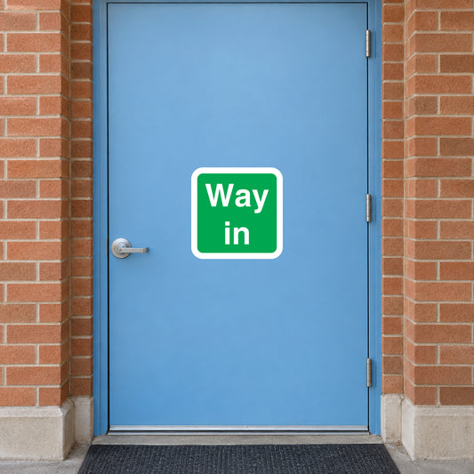 Way in door sticker with green square and white 'Way in' text