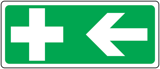 Green left aid sticker with white cross and left arrow