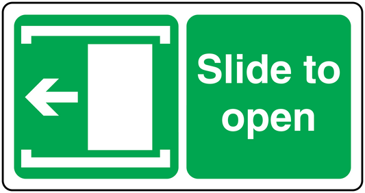 Slide-to-open safety sign sticker with left arrow and green panel text