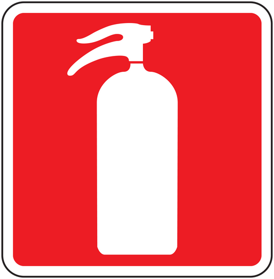 Fire safety sign sticker with white fire extinguisher icon on red background