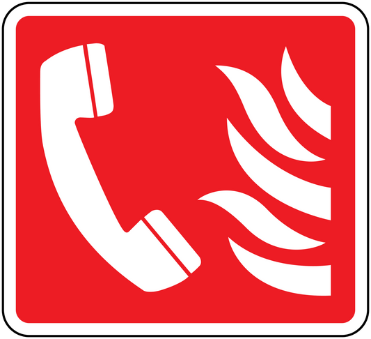 Red square sticker with white phone handset and flame icon