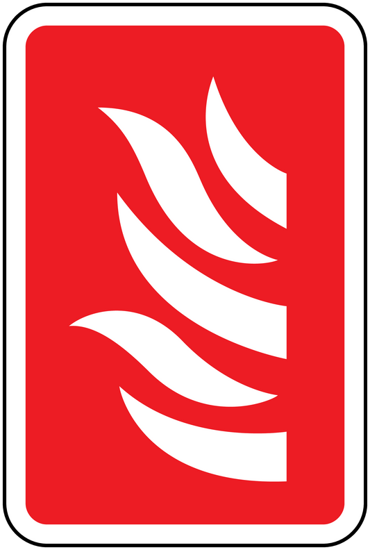 Fire emergency sticker with red background and white flame symbol
