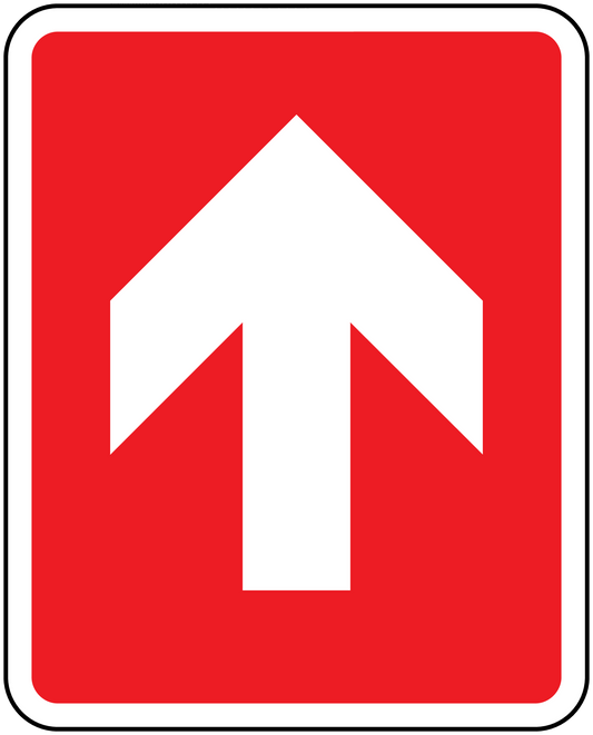 Fire exit sticker with red background and white up arrow indicating straight ahead