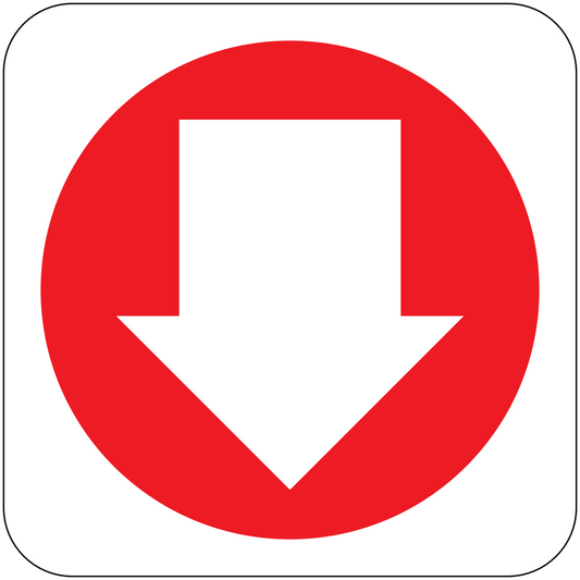 Fire exit down arrow sticker with red circular sign and white arrow pointing down.