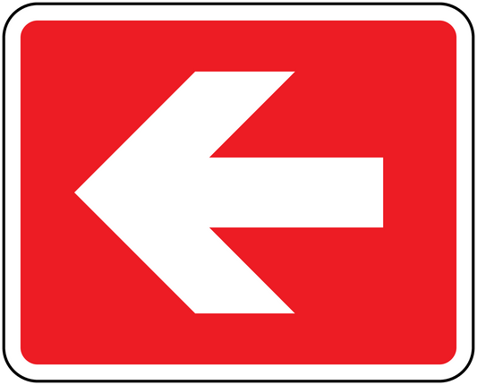 Fire exit left sticker, red with white left arrow and rounded border