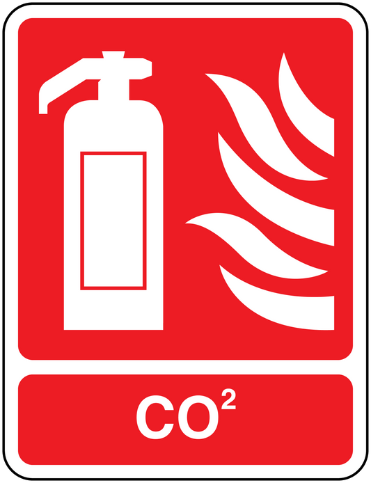 CO2 fire safety sticker with extinguisher symbol and CO2 lettering on red background