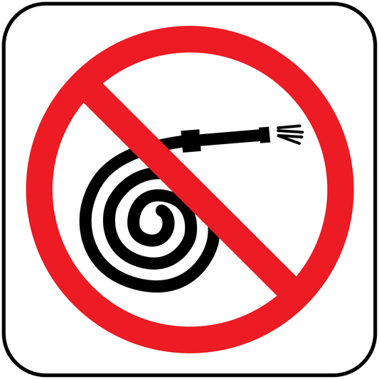 Red prohibition sticker with crossed-out fire extinguisher and target flame icon