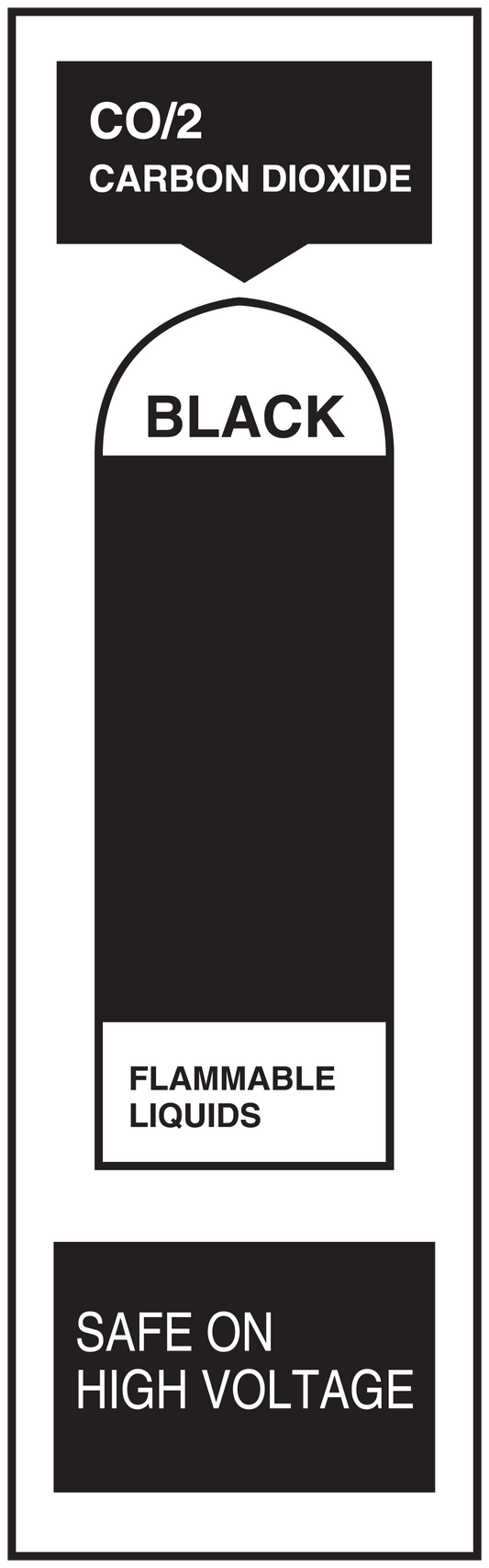 Carbon dioxide level warning sticker with CO/2, black, flammable liquids, high voltage text