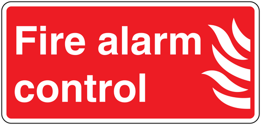 Fire alarm control sticker, red with white text and flame icon, white border