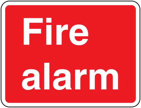 Red fire alarm text sticker with white Fire alarm lettering and white border