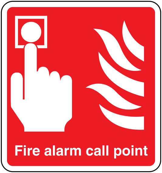 Fire alarm call point sticker, red sign with white border, hand and flame icon