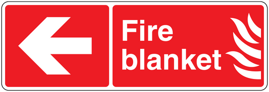 Red fire blanket sticker with white arrow, 'Fire blanket' text, and flame icon