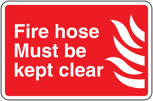 Red fire hose must be kept clear sticker with white text and flame icon
