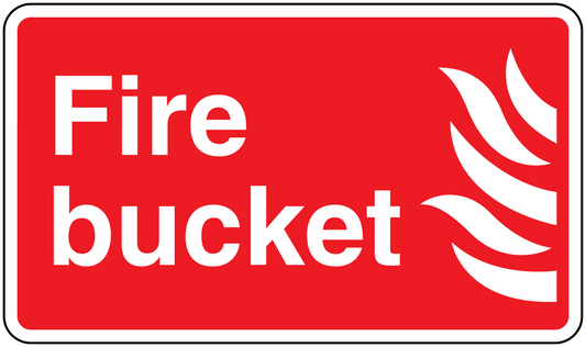 Red fire bucket sticker: white 'Fire bucket' text with flame icon, rounded rectangle