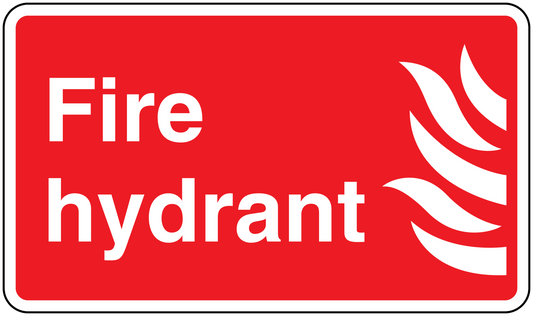 Fire hydrant sticker with red background, white text 'Fire hydrant' and flame icon