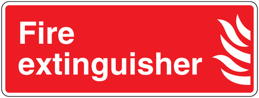 Red fire extinguisher sticker with white text and flame icon