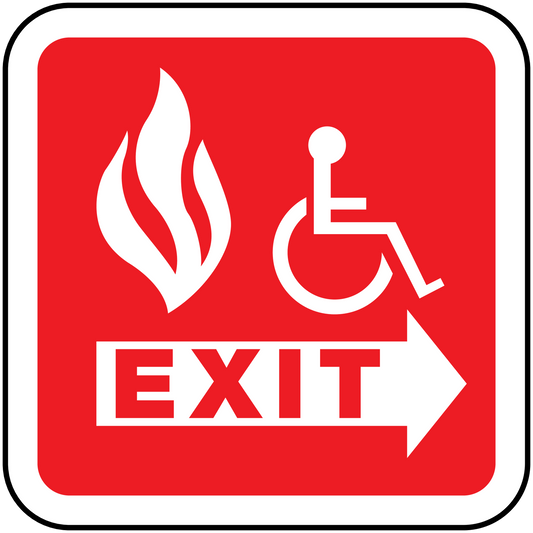 Fire exit sticker with wheelchair accessibility icon and arrow, red and white