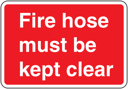 Red fire hose safety sticker with white “Fire hose must be kept clear” text