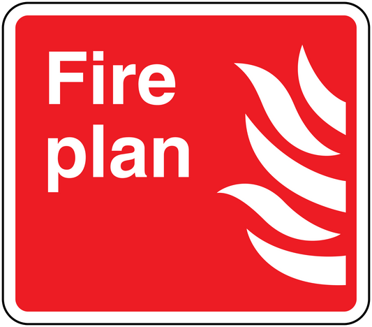 Fire plan sticker: red with white border, 'Fire plan' text and flame icon