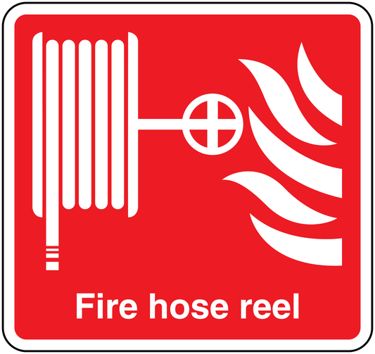 Red square sticker: white fire hose reel icon and text 'Fire hose reel'