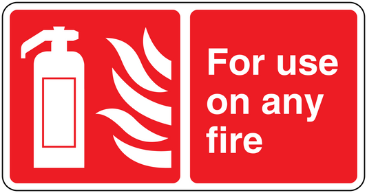 Fire safety sticker with extinguisher and flames icons; text: For use on any fire.