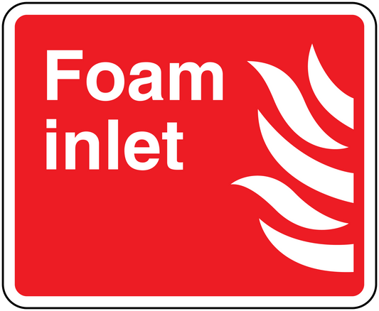 Foam inlet sticker with red background, white text, and flame icon
