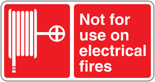 Red warning sticker: Not for use on electrical fires, with fire extinguisher icon.