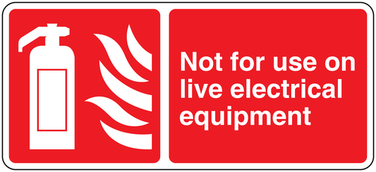 Red warning sticker: Not for use on live electrical equipment, flame and plug icons.