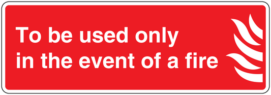 Red fire safety sticker with white text and flame icon