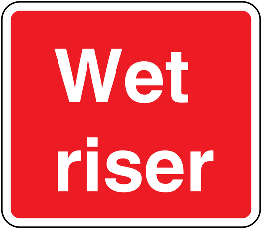 Red wet riser sticker with white border and bold white “Wet riser” text