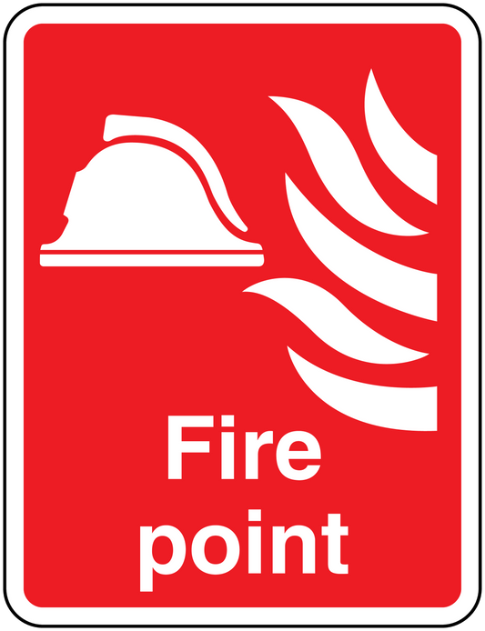 Red Fire Point sticker, white fire icon and 'Fire point' text