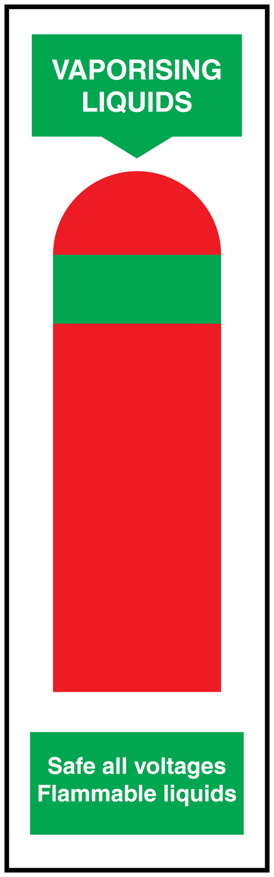 Fire extinguisher sticker for vapor liquids, green header and red striped graphic