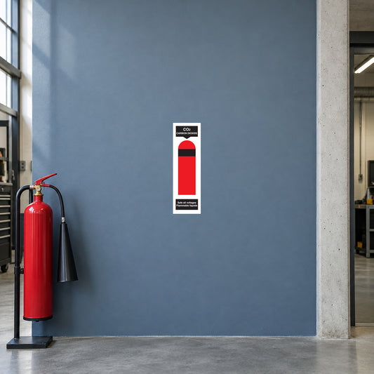 CO2 fire extinguisher identification sticker at a technical workshop fire station