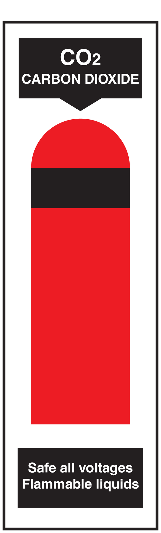 CO2 carbon dioxide fire extinguisher sticker, red and black cylinder graphic, safety text