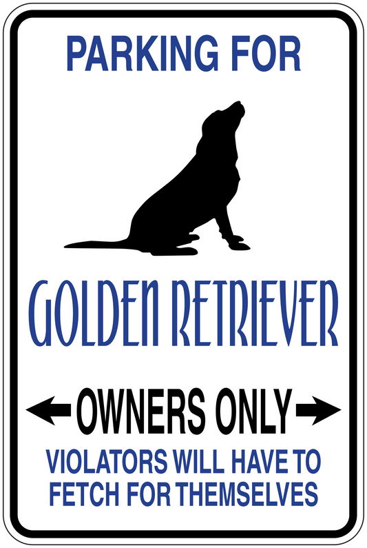 Golden retriever parking sign sticker with black dog silhouette and blue text, owners only