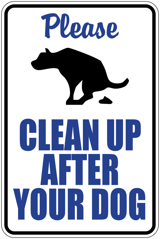 Dog care sign sticker with black dog silhouette and blue text: “Please Clean Up After Your Dog”