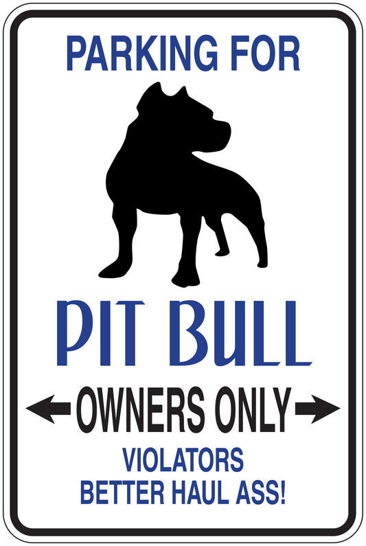 Pit bull parking sticker with dog silhouette and 'Owners Only' blue text