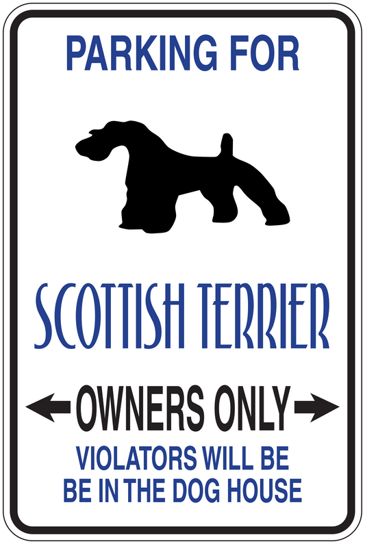 Parking sign sticker with Scottish terrier silhouette and "Owners Only" text