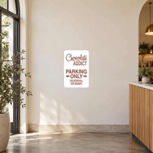 White parking only sticker with red "Chocolate Addict" and "Parking Only" text