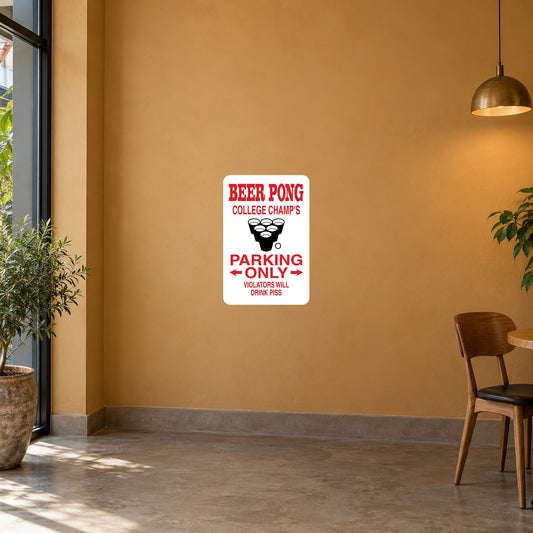 Parking sticker, white with red 'PARKING ONLY' text and beer pong badge