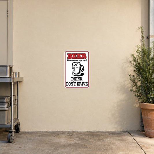 Red and white square beer mug quote sticker: 'DRINK DON'T DRIVE'