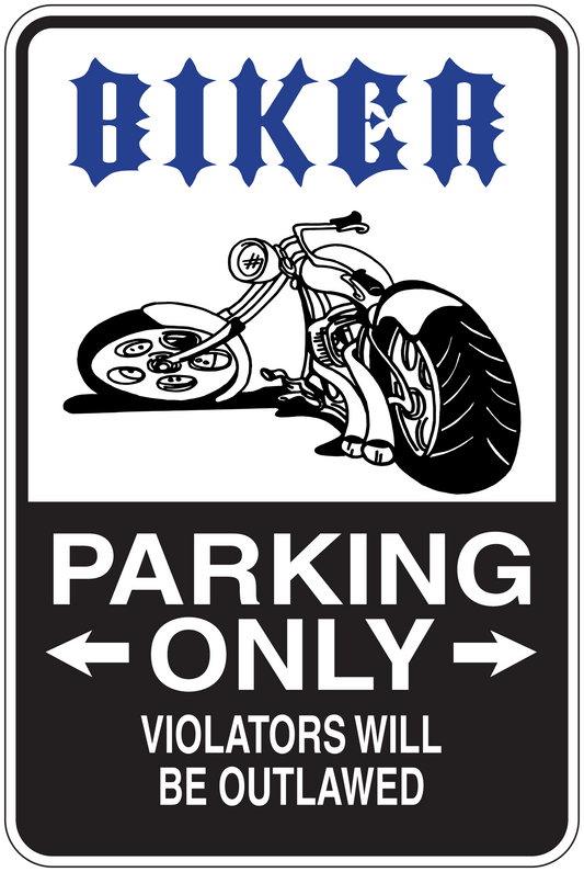 Biker parking only sticker with motorcycle graphic and 'PARKING ONLY' arrows