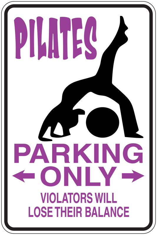 Pilates parking only sticker: purple arrows and text with black balancing silhouette